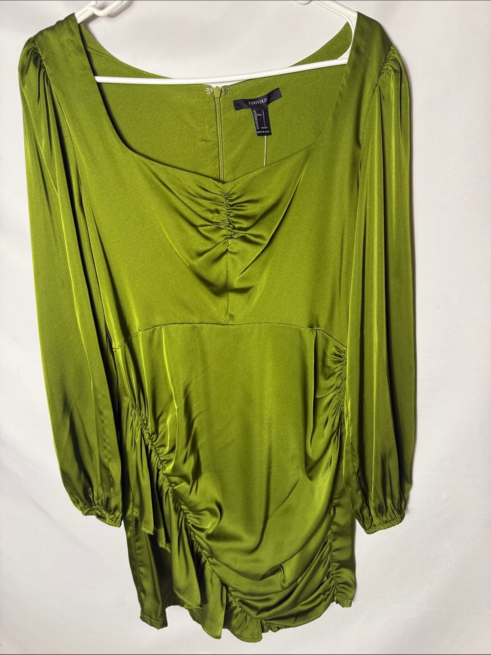 Forever 21 Olive Satin Ruched Long Sleeve Mini Dress